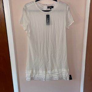LuLus White Fringe Sleeve Mesh Boho Shift Dress Size Large NWT
